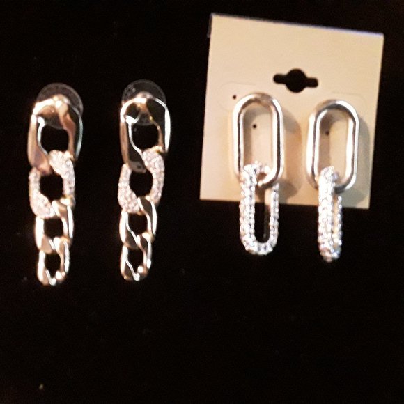 Chain look gold color post earrings with silver rhinestones (lot of 2) - Picture 3 of 7